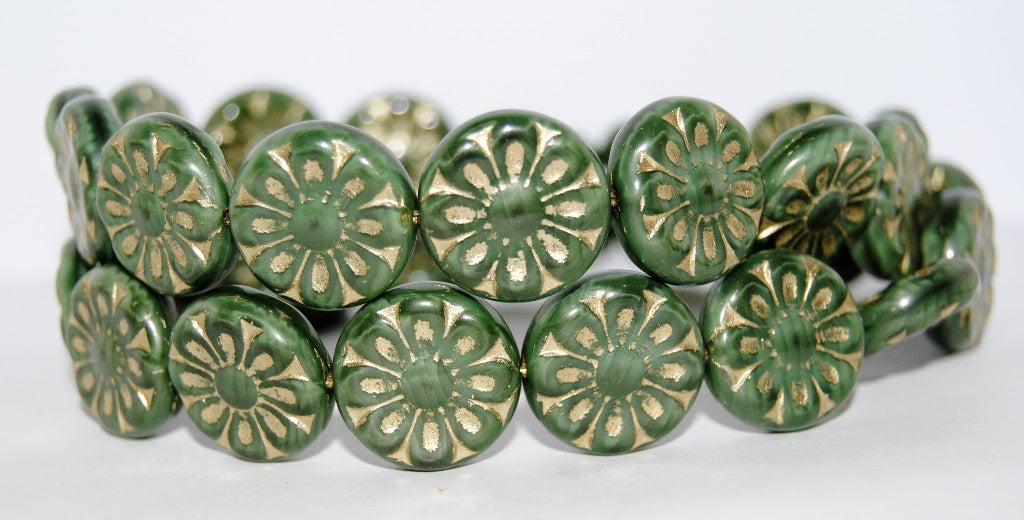 Flat Round With Flower Pressed Glass Beads, (56100 54202), Glass, Czech Republic