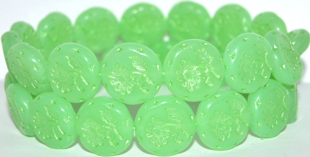 Round Flat With Flower Marguerite Pressed Glass Beads, (52010 43813 Uranium), Glass, Czech Republic