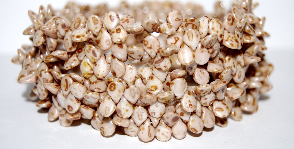 Leaf Petal Pip Pressed Glass Beads, Chalk White Stain With Luster Brown (3000 65415), Glass, Czech Republic