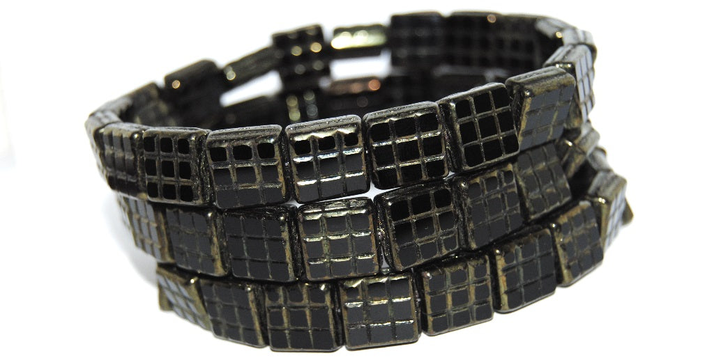 Table Cut Square Beads With Grid, Black Luster Red Full Coated (23980 14495), Glass, Czech Republic