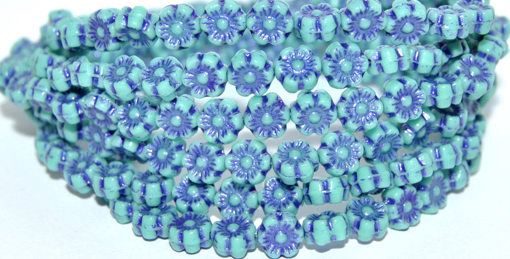 Hawaii Flower Pressed Glass Beads, Turquoise 43810 Metalic (63130 43810 Metalic), Glass, Czech Republic