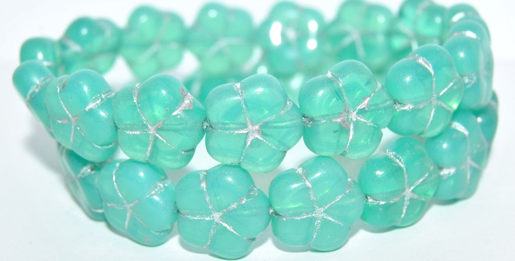 5-Petal Flower Pressed Glass Beads, Opal Aqua 54201 (61100 54201), Glass, Czech Republic