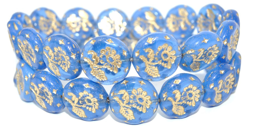 Round Flat With Flower Marguerite Pressed Glass Beads, Opal Blue 54202 (31000 54202), Glass, Czech Republic