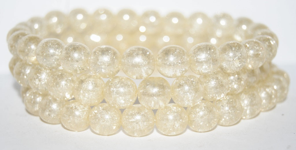 Round Pressed Glass Beads Druck, Luster Cream Crack (14401 Crack), Glass, Czech Republic