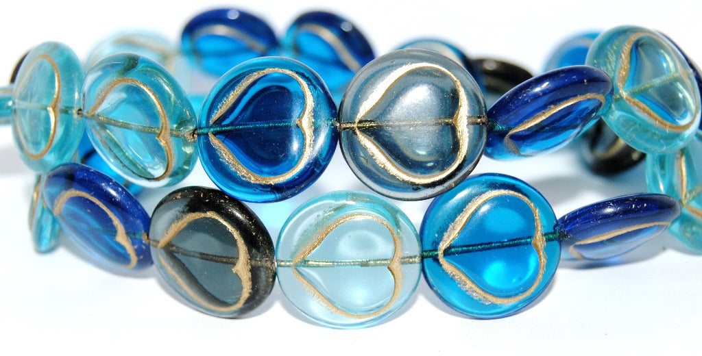 Round Flat Wit Convex Heart Pressed Glass Beads, Mixed Colors Blue 54202 (Mix Blue 54202), Glass, Czech Republic