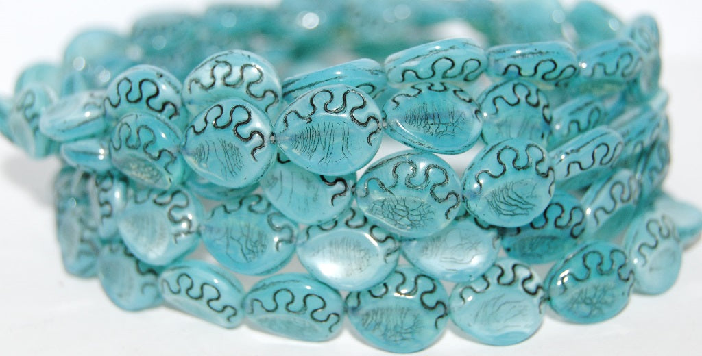 Tear Oval Pressed Glass Beads, Opal Aqua 23202 (61000 23202), Glass, Czech Republic