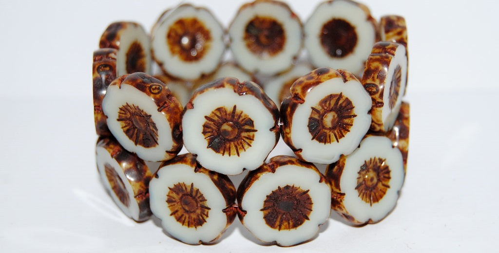 Table Cut Round Beads Hawaii Flowers, 14010 Travertin (14010 86800), Glass, Czech Republic