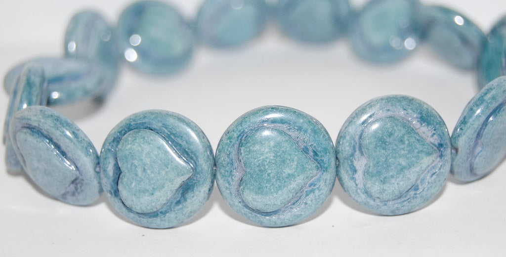 Round Flat Wit Convex Heart Pressed Glass Beads, White Luster Blue Full Coated (2010 14464), Glass, Czech Republic