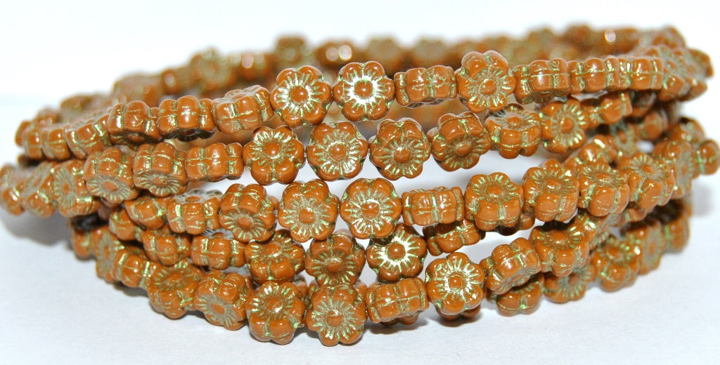 Hawaii Flower Pressed Glass Beads, Opaque Brown 43813 Metalic (13610 43813 Metalic), Glass, Czech Republic