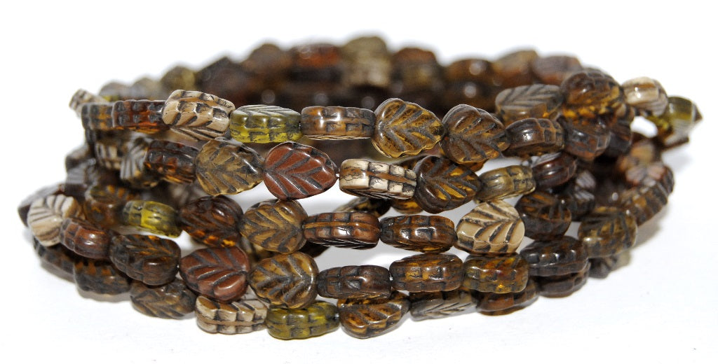 Lilac Leaf Pressed Glass Beads, Brown Mixed Colors 23202 (Brown Mix 23202), Glass, Czech Republic