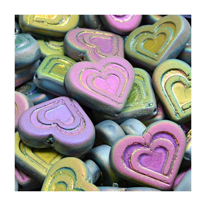 Table cut Czech glass beads heart in heart Pink Gold Green Glass Czech Republic