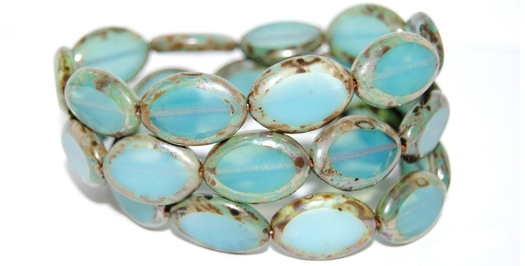 Table Cut Oval Beads Roach, Opal Aqua 43400 (61000 43400), Glass, Czech Republic