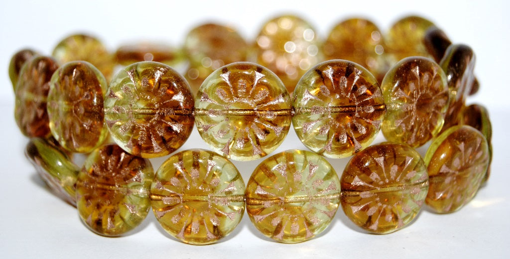 Flat Round With Flower Pressed Glass Beads, (17011 54200), Glass, Czech Republic