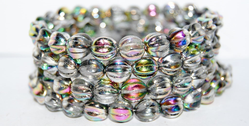 Melon Round Pressed Glass Beads With Stripes, Crystal Vit (30 Vit), Glass, Czech Republic