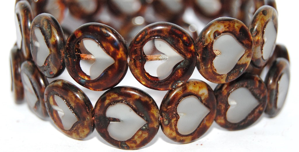 Table Cut Round Beads With Heart, 46018 Travertin (46018 86800), Glass, Czech Republic