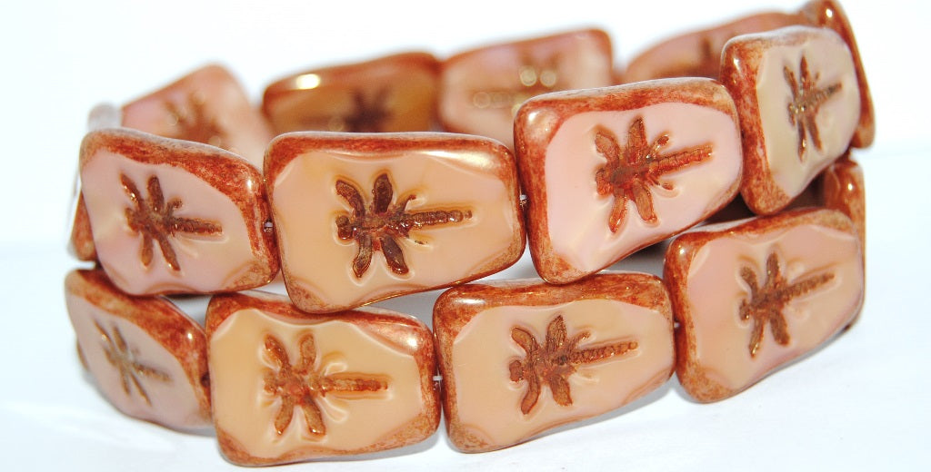 Table Cut Rectangle Beads With Dragonfly, Opaque Pink Luster Ruby (74020 14497), Glass, Czech Republic