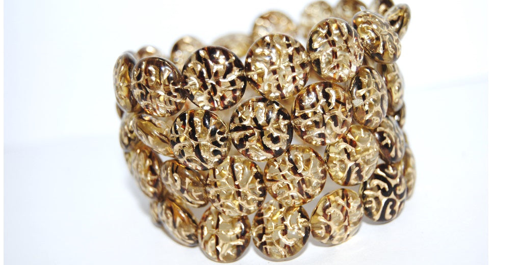 Lentil Round With Ornament Brain Pressed Glass Beads, (18016 54202), Glass, Czech Republic