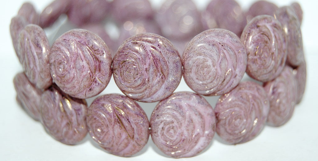 Round Flat Rose Flower Pressed Glass Beads, White Luster Violet Full Coated (2010 14496), Glass, Czech Republic