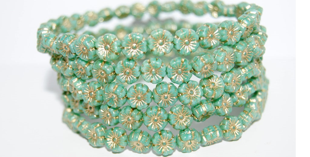 Hawaii Flower Pressed Glass Beads, Opal Aqua 54202 (61300 54202), Glass, Czech Republic