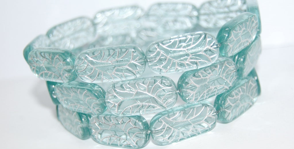 Rectangle With Ornament Pressed Glass Beads, Transparent Aqua 54201 (60010 54201), Glass, Czech Republic
