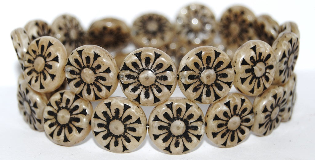 Flat Round With Flower Pressed Glass Beads, (17006 23202), Glass, Czech Republic