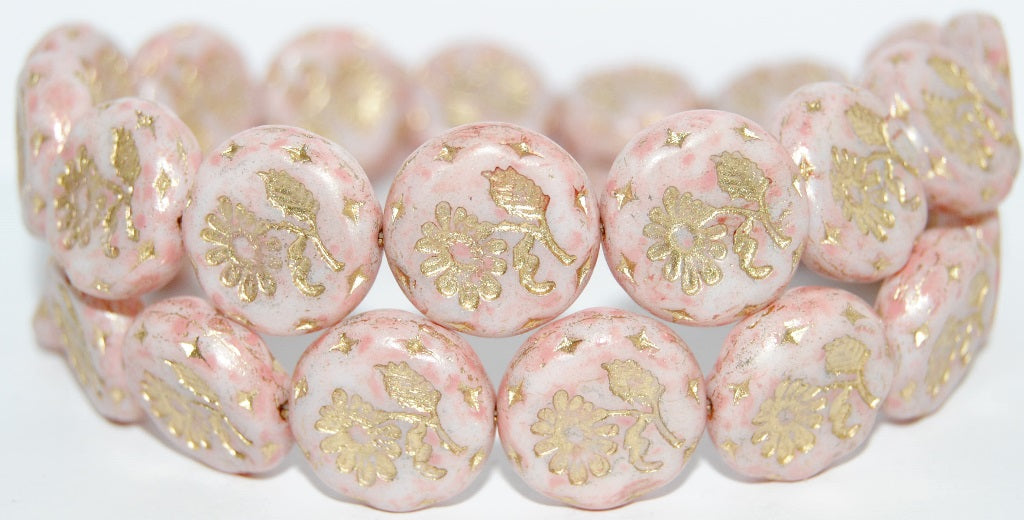 Round Flat With Flower Marguerite Pressed Glass Beads, Chalk White Lava Glass Pink 54202 (3000 Lava Glass Pink 54202), Glass, Czech Republic