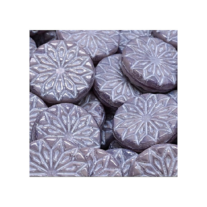 Pressed Czech glass beads origami flower round big with ornament Violet White Glass Czech Republic