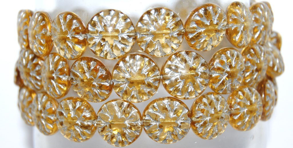 Round Flower Edelweiss Pressed Glass Beads, Transparent Orange 54201 (10040 54201), Glass, Czech Republic