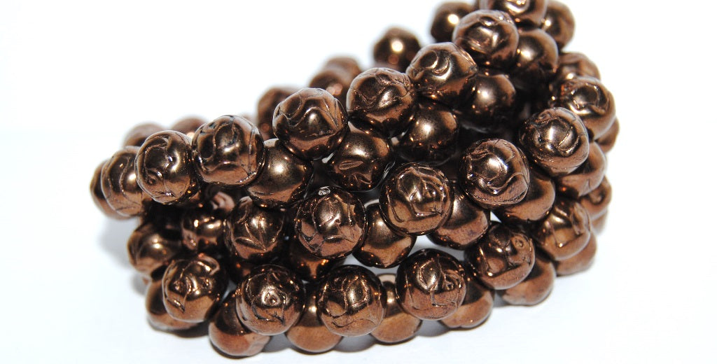 Round Pressed Glass Beads With Rose, Black Bronze (23980 14415), Glass, Czech Republic