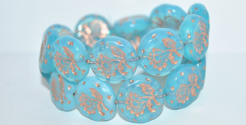 Round Flat With Flower Marguerite Pressed Glass Beads, Opal Aqua 54200 (61000 54200), Glass, Czech Republic