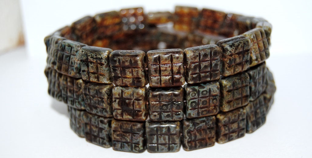 Square With 9 Squares Pressed Glass Beads, Transparent Yellow Stain Strong (80120 86805), Glass, Czech Republic