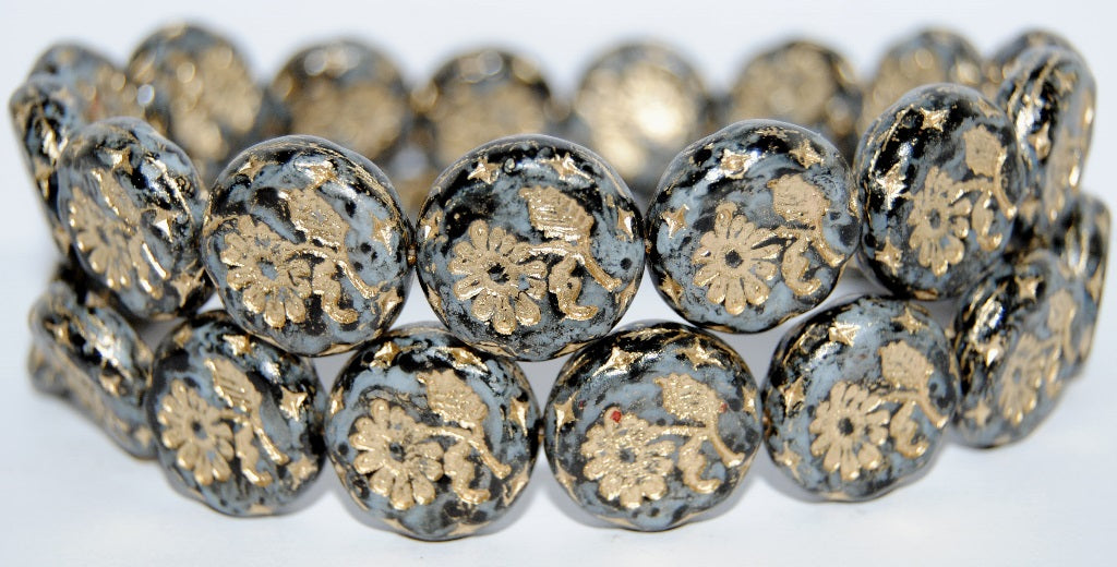 Round Flat With Flower Marguerite Pressed Glass Beads, Chalk White Lava Glass Black 54202 (3000 Lava Glass Black 54202), Glass, Czech Republic