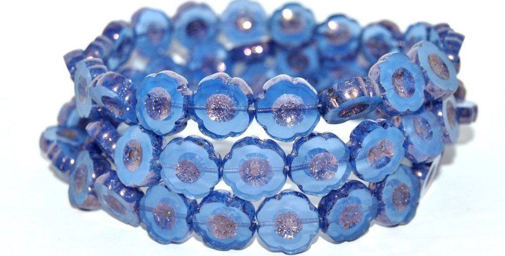 Table Cut Round Beads Hawaii Flowers, Opal Blue Bronze (31000 14415), Glass, Czech Republic