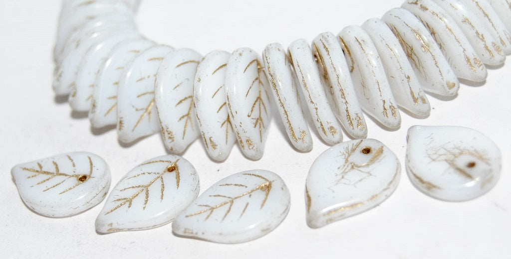 Leaf Pressed Glass Beads, White 54202 (2010 54202), Glass, Czech Republic