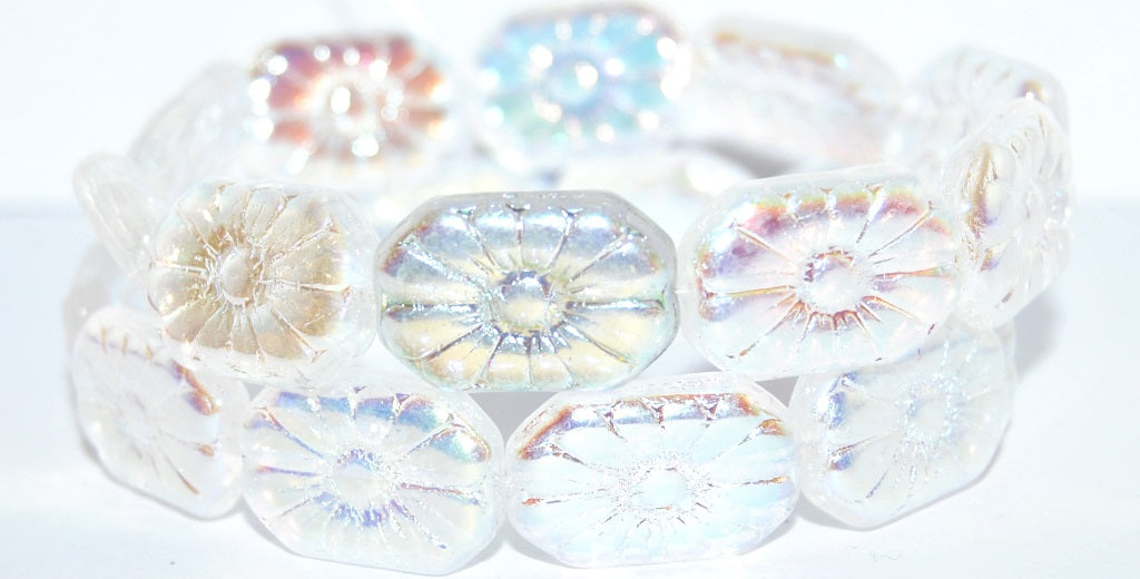 Rounded Rectangle With Flower Pressed Glass Beads, Crystal Ab 2Xside (30 Ab 2Xside), Glass, Czech Republic