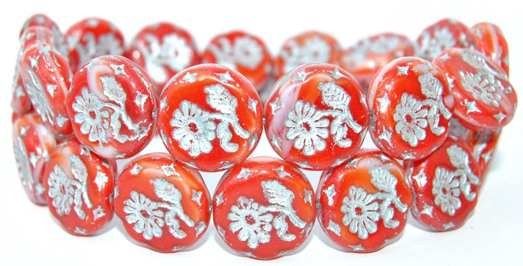 Round Flat With Flower Marguerite Pressed Glass Beads, Coral 54201 (7913 54201), Glass, Czech Republic