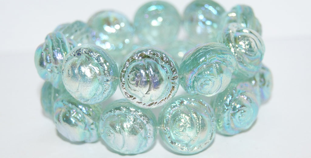 Round With Rose Flower Pressed Glass Beads, Transparent Aqua Ab 2X (60210 Ab 2X), Glass, Czech Republic