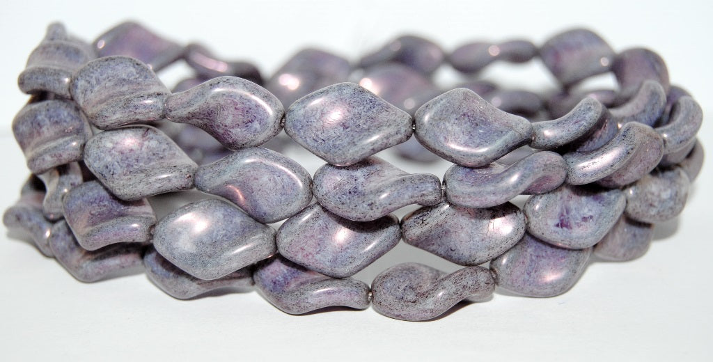 Propeller Twisted Oval Pressed Glass Beads, Chalk White Purple (3000 15726), Glass, Czech Republic