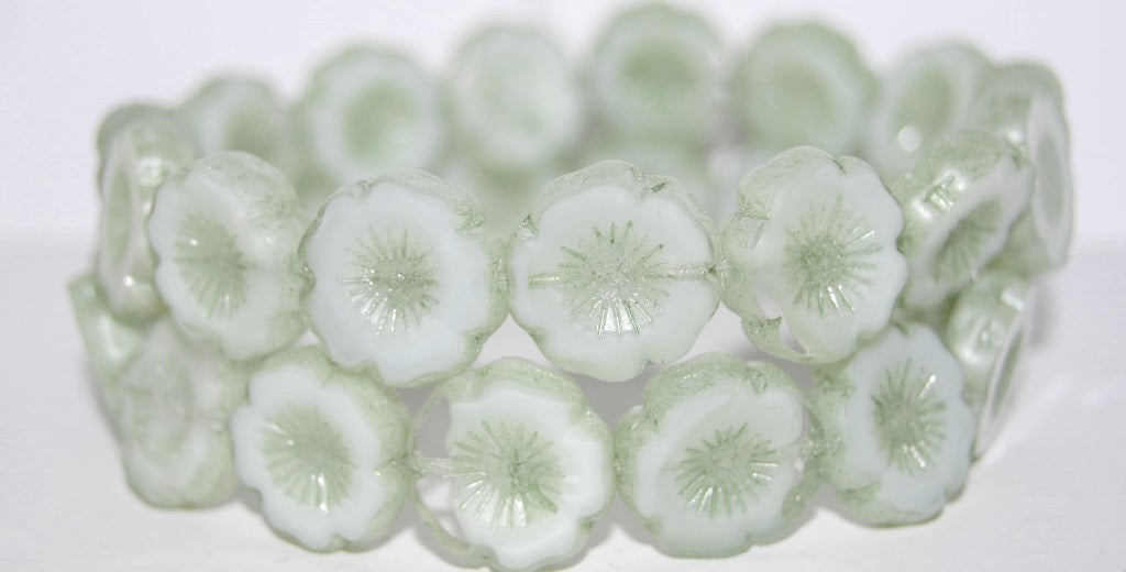 Table Cut Round Beads Hawaii Flowers, Sssss Luster Green Full Coated (Sssss 14457), Glass, Czech Republic
