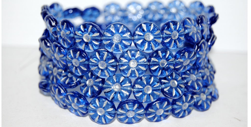 Flower Pressed Glass Beads, Transparent Blue 54201 (30030 54201), Glass, Czech Republic