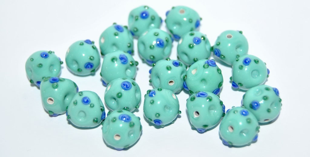 Czech Glass Hand Made Round Lampwork Beads With Flower, (10 D), Glass, Czech Republic