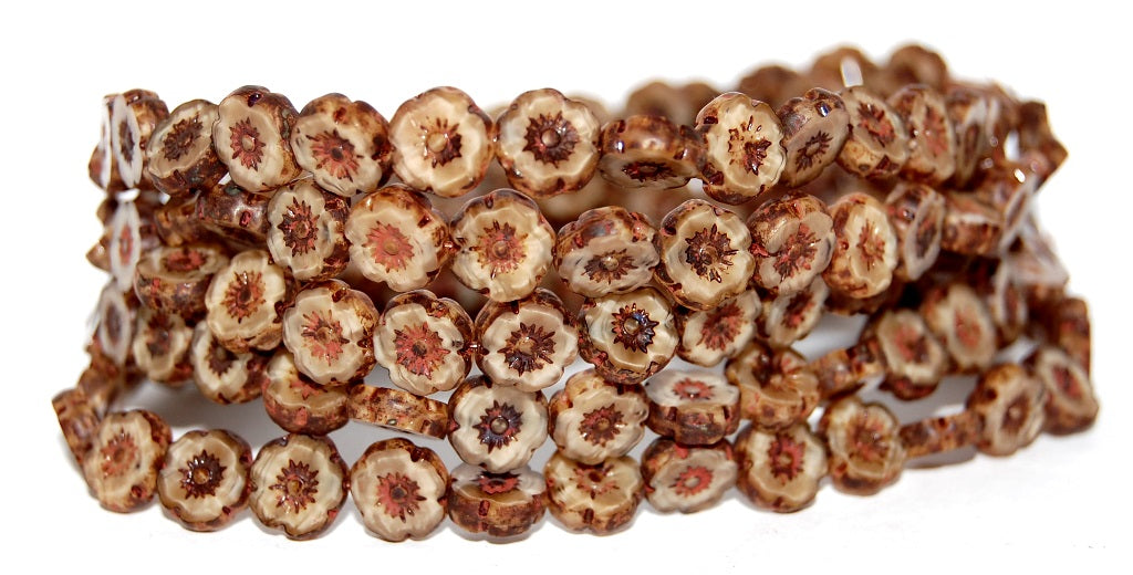 Table Cut Round Beads Hawaii Flowers, 14010 Travertin (14010 86800), Glass, Czech Republic