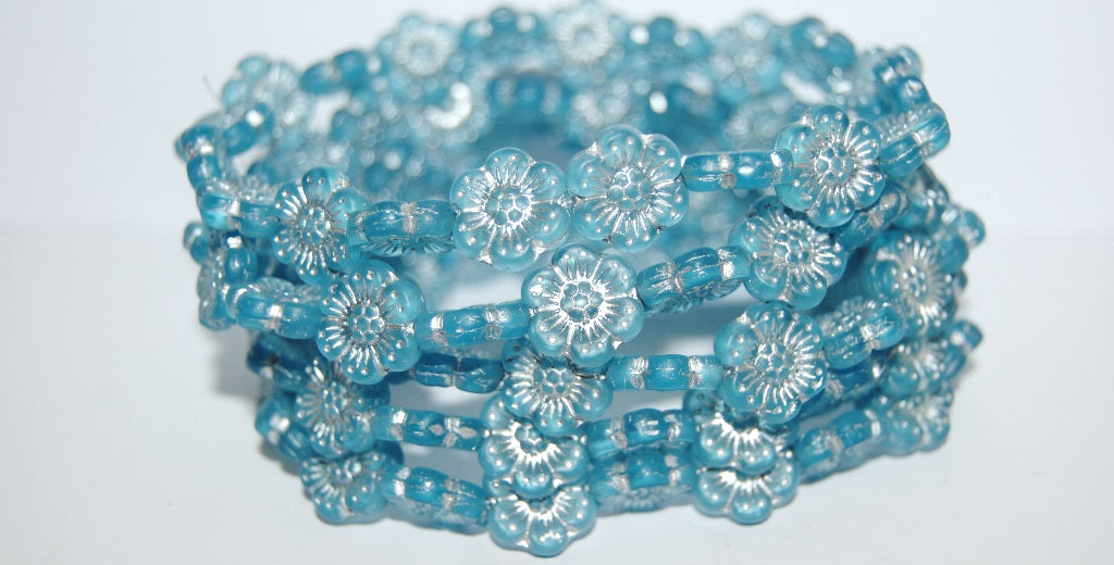 Flower Pressed Glass Beads, Transparent Aqua 54201 Matte (60010 54201 M), Glass, Czech Republic