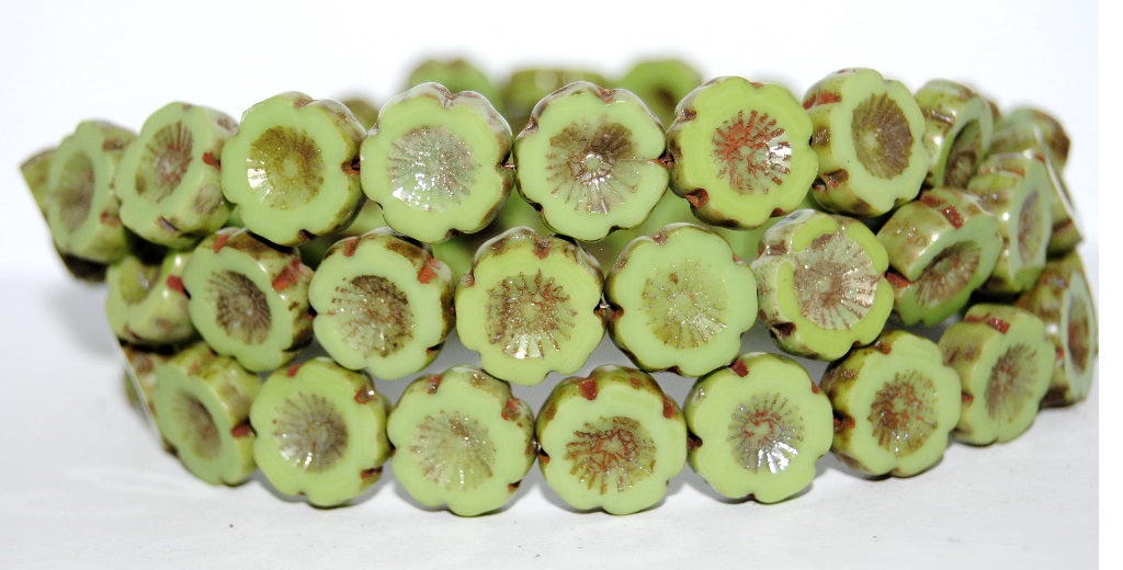 Table Cut Round Beads Hawaii Flowers, Opaque Green 43400 (53300 43400), Glass, Czech Republic