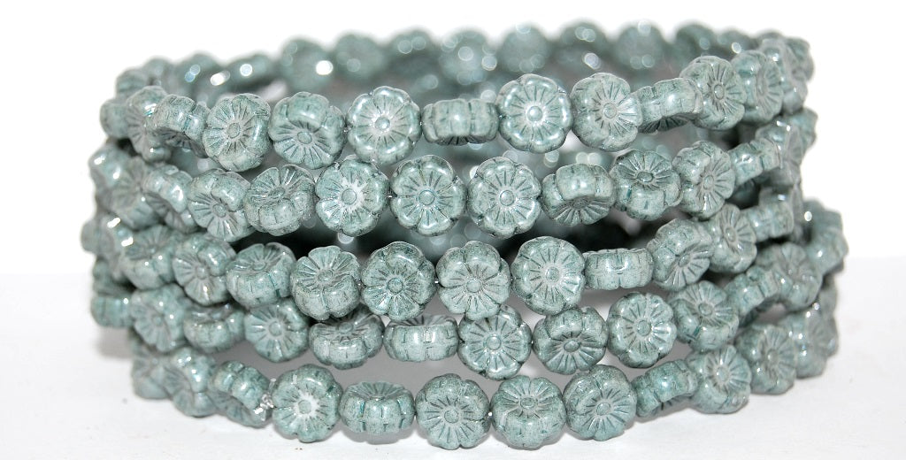 Hawaii Flower Pressed Glass Beads, Luster Green Full Coated (14459), Glass, Czech Republic