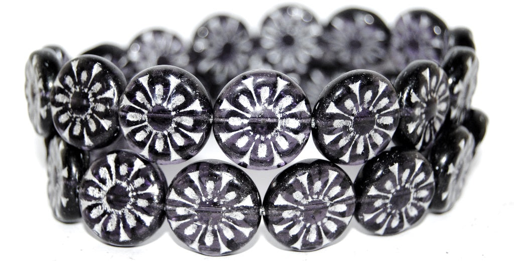 Flat Round With Flower Pressed Glass Beads, Transparent Light Amethyst 54201 (20310 54201), Glass, Czech Republic