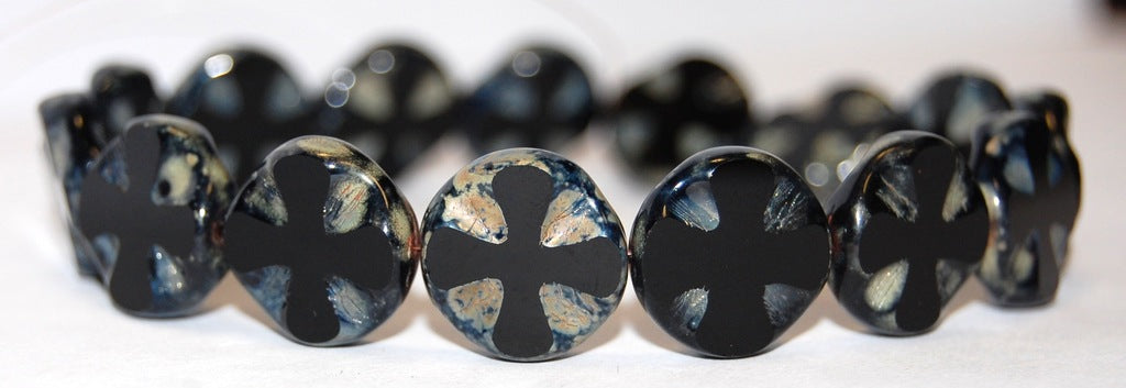 Table Cut Round Beads With Cross, Black 43400 (23980 43400), Glass, Czech Republic