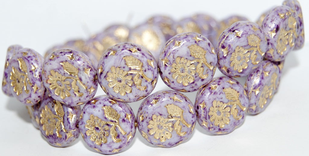 Round Flat With Flower Marguerite Pressed Glass Beads, Chalk White Lava Glass Purple 54202 (3000 Lava Glass Purple 54202), Glass, Czech Republic