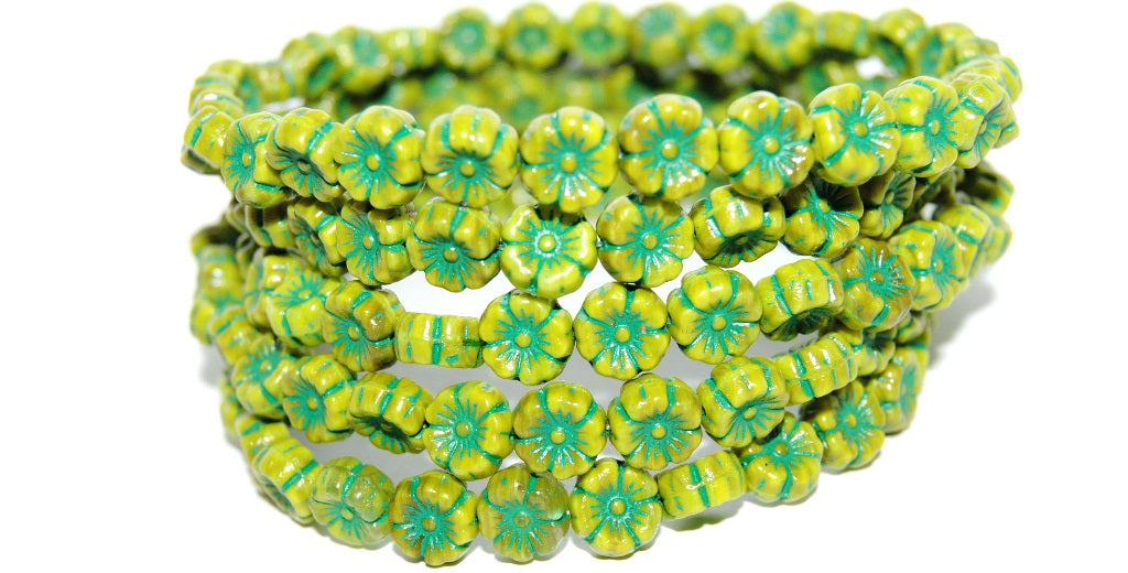 Hawaii Flower Pressed Glass Beads, Opaque Green 46450 (53410 46450), Glass, Czech Republic