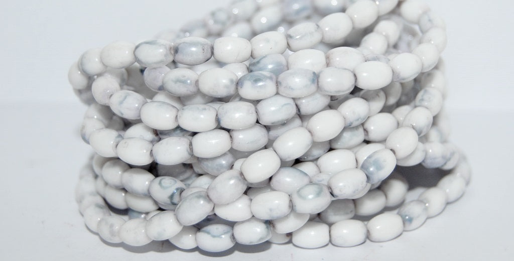 Olive Oval Pressed Glass Beads, White Terracotta Blue (2010 15464), Glass, Czech Republic